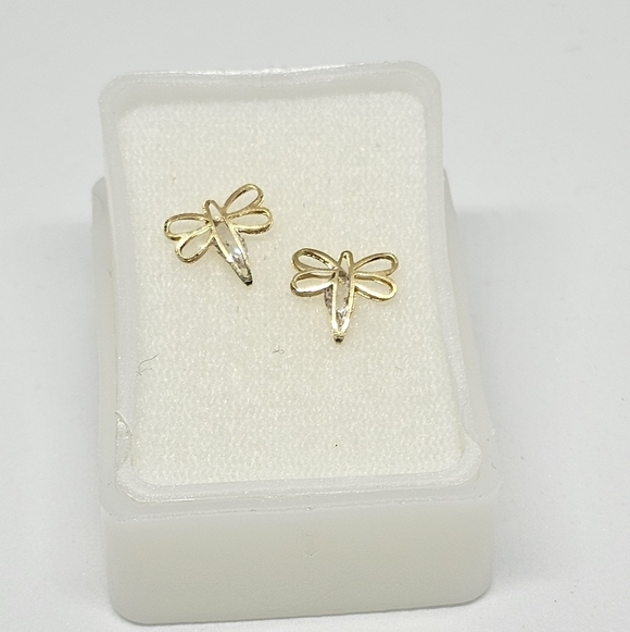 10k Gold With Zirconia Dragonfly Stud Earrings Screw Back - Picture 1 of 2